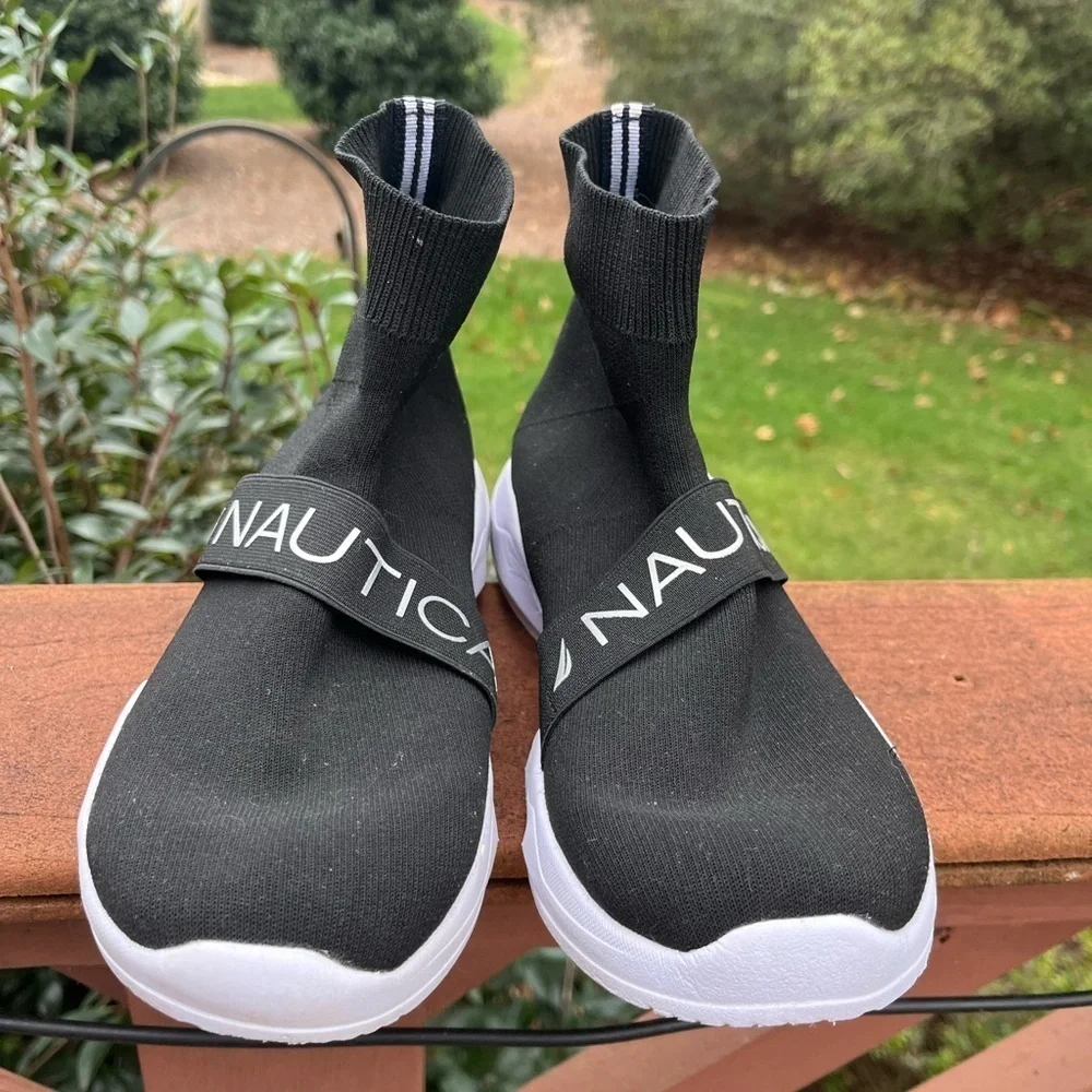 Nautica Wave Hill Black High Top Sneakers Shoes Women 9 knit Stretchy